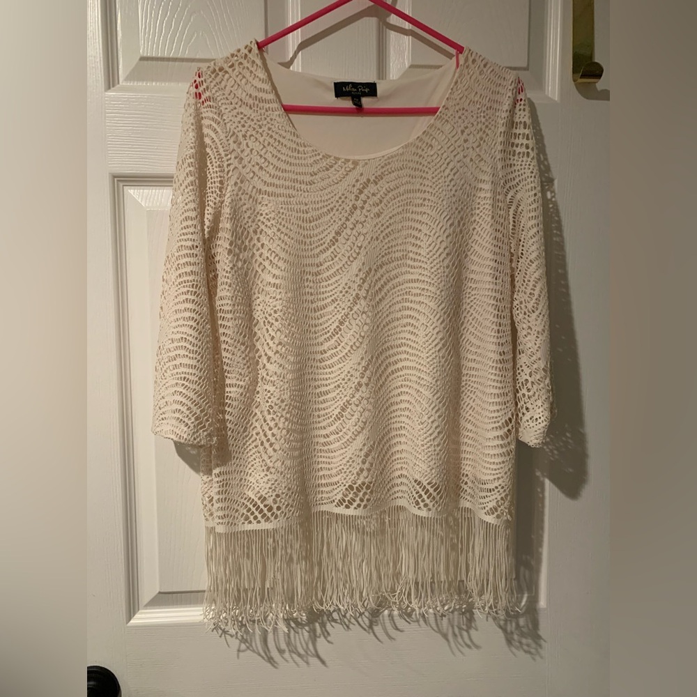 Melissa Page Top Women’s PM crochet Fringe Hem, 3/4 sleeves Festival Sheer